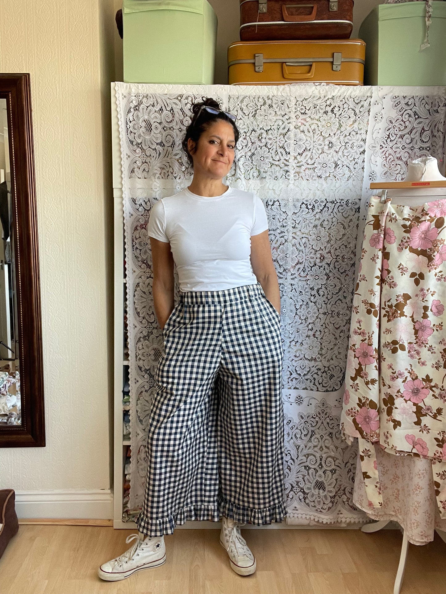 Roma Pants in Navy and Stone Gingham size 10-14